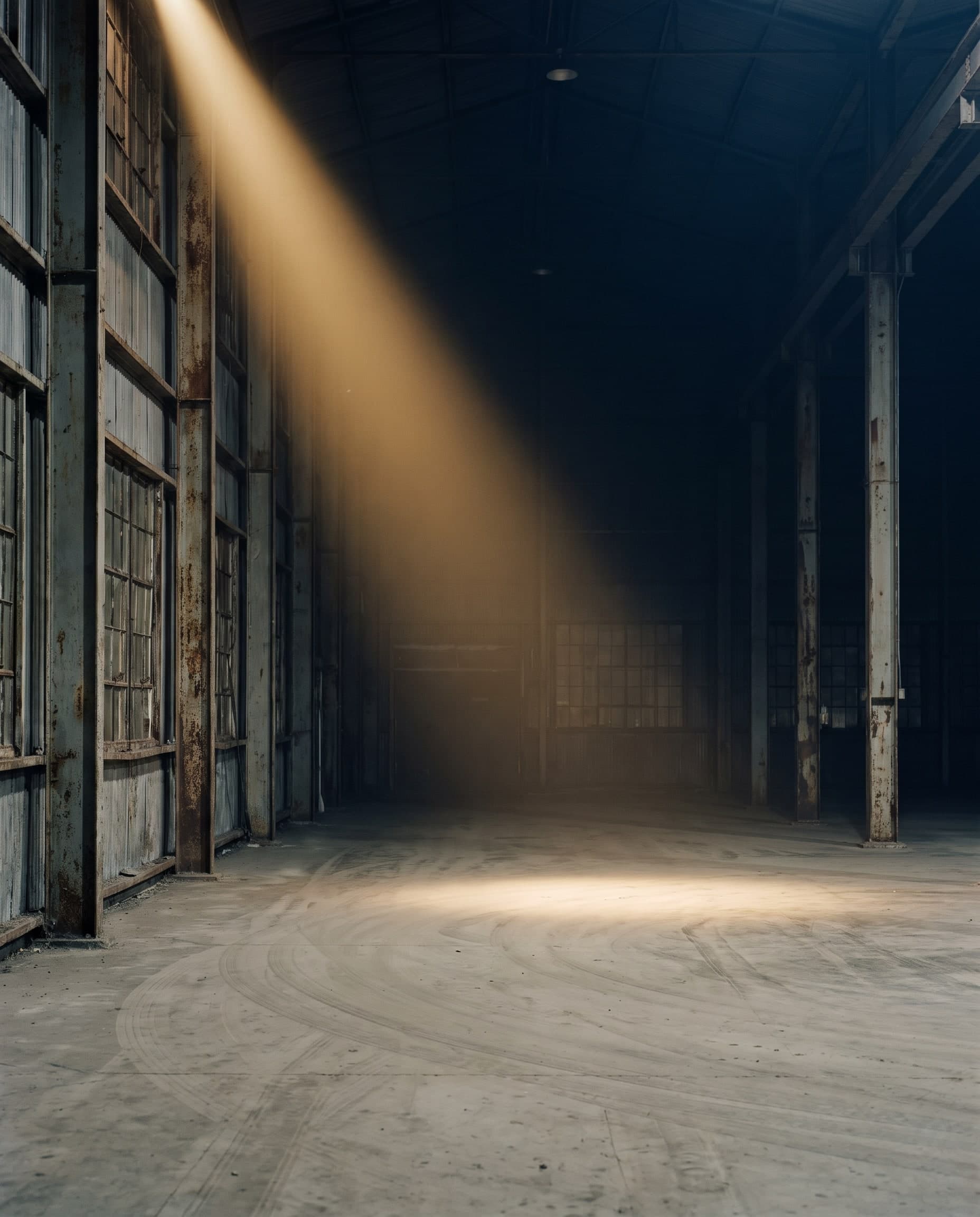 Leere Industriehalle mit Betonboden und Stahlstützen, ein Lichtstrahl fällt schräg von oben herein