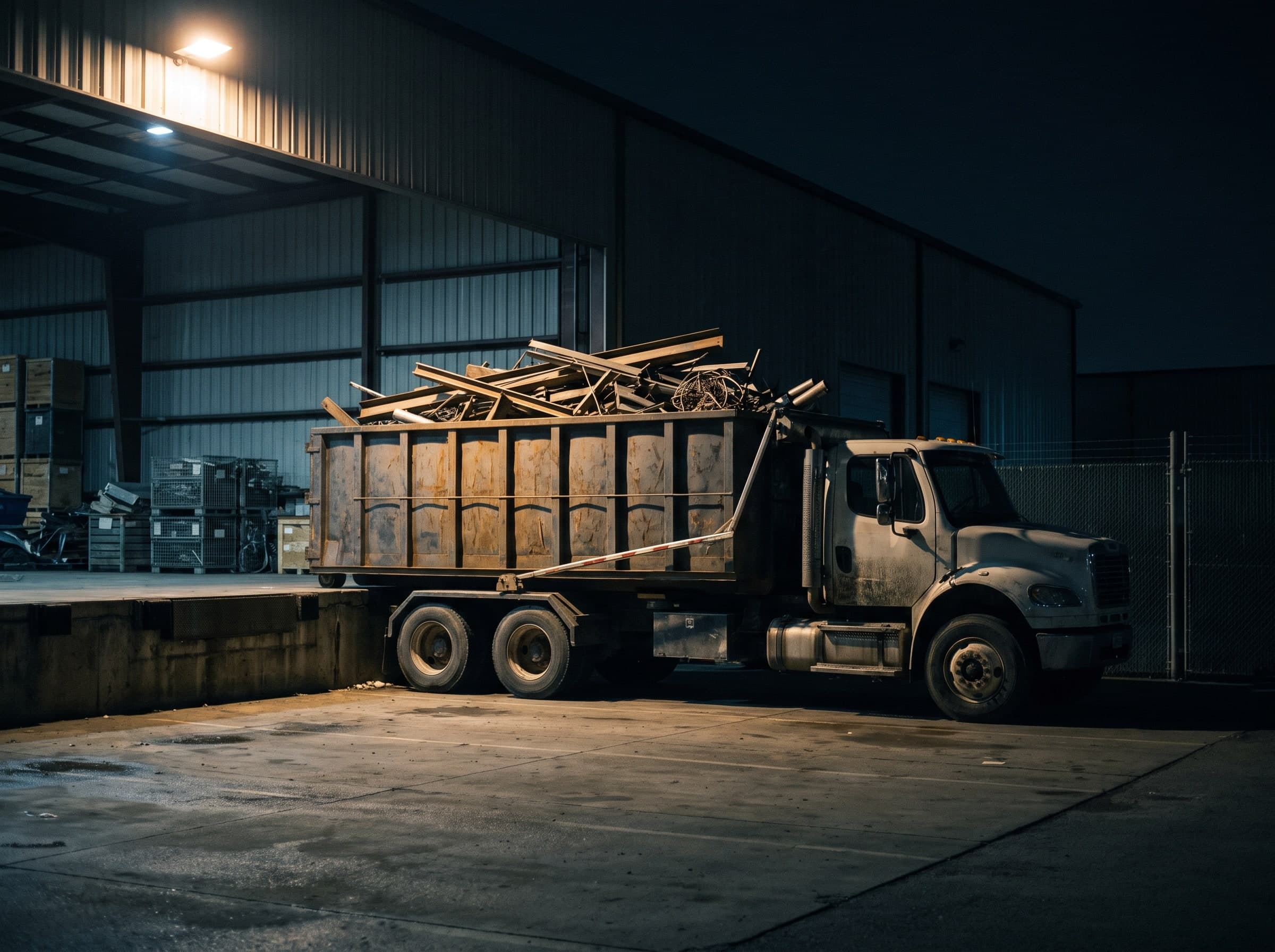 Lkw mit offener Mulde voller Metallschrott vor einer beleuchteten Halle bei Nacht